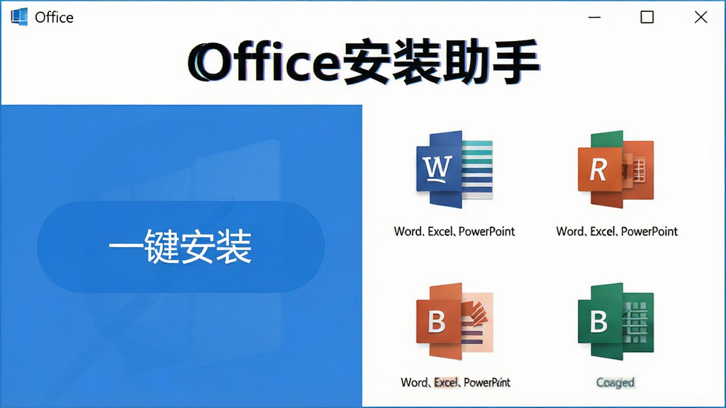 图片居中展示Office安装助手主界面,界面设计简洁清爽,左侧为“一键安装”大按钮,右侧显示“Word、Excel、PowerPoint”等核心组件图标,整体风格扁平化,现代感强,画质干净清晰,无多余元素,界面文字突出“Office安装助手”字样