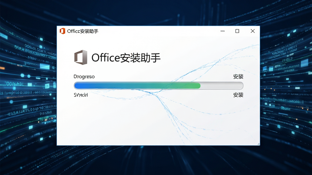 展示Office安装助手后台自动下载与安装的动态过程示意图,画面主体为带有“Office安装助手”标识的进度条界面,背景辅以高速数据流线元素,布局具有科技感,排版清晰直观,风格写实,细节丰富,画质清晰,画面干净无文字水印