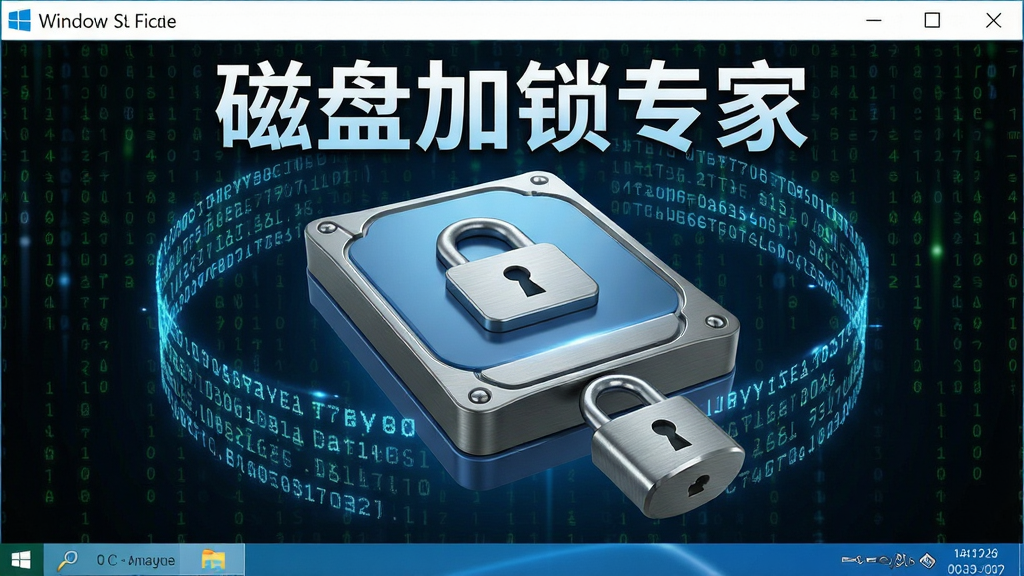 主体:磁盘加锁专家软件在Windows系统中锁定磁盘分区的场景。布局:中心显示一个带有锁形图标的磁盘,周围是加密数据流环绕。排版:简洁明了,突出“磁盘加锁专家”字样。风格:写实与科技感结合,光线明亮。细节:锁具金属质感,背景有代码雨效果。画质:清晰锐利,无多余元素。