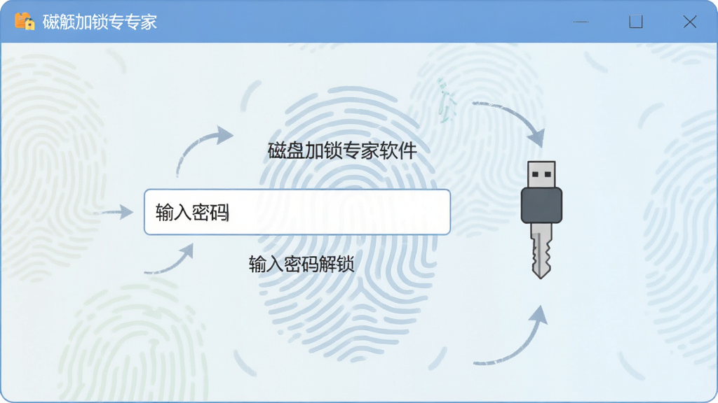 主体:磁盘加锁专家软件的密码输入与解锁界面。布局:界面中央为密码输入框,右侧有USB密钥图标。排版:简洁友好,指引清晰。风格:扁平化设计,色彩柔和。细节:显示“输入密码解锁”字样,背景有指纹图案。画质:高分辨率,纯净背景。