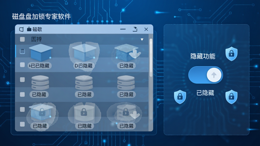 主体:磁盘加锁专家软件隐藏磁盘分区的操作示意图。布局:左侧是磁盘列表,右侧显示隐藏功能的开关。排版:分区图标变为半透明带隐形效果。风格:科技蓝背景,简洁线条。细节:显示“已隐藏”状态标签,周围有数据保护图标。画质:高清,干净整洁。