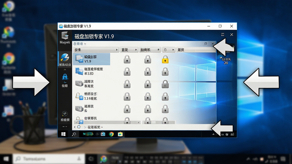 主体:磁盘加锁专家软件在Windows 10系统上运行的截图场景。布局:屏幕中显示软件主界面,磁盘列表带有锁标识。排版:屏幕占据画面中心,周围有操作指示箭头。风格:写实桌面截图风格,清晰展示软件界面。细节:屏幕中显示“磁盘加锁专家 V1.9”字样。画质:高清,背景虚化。