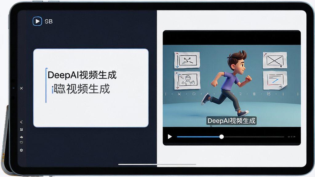 一台平板电脑展示“DeepAI视频生成”的文本输入框,旁边有视频预览窗口,画面中一位动画角色根据文字指令做出奔跑动作,背景有分镜脚本图标,主体清晰,布局左右对称,排版直观,风格科技感,细节包括字幕与进度条,画质高清,干净无杂物
