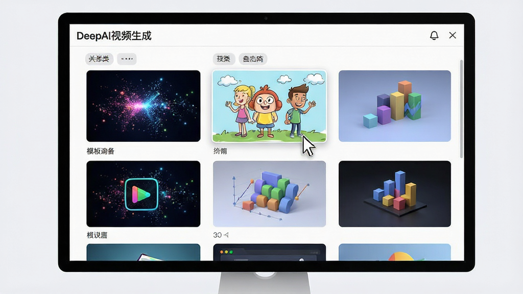 电脑屏幕显示“DeepAI视频生成”模板选择界面,缩略图排列整齐,包括粒子特效、手绘卡通、3D图表等风格预览,鼠标光标悬停在其中一个模板上,主界面清晰,布局网格化,排版规整,风格现代,细节有分类标签,画质细腻,干净无干扰