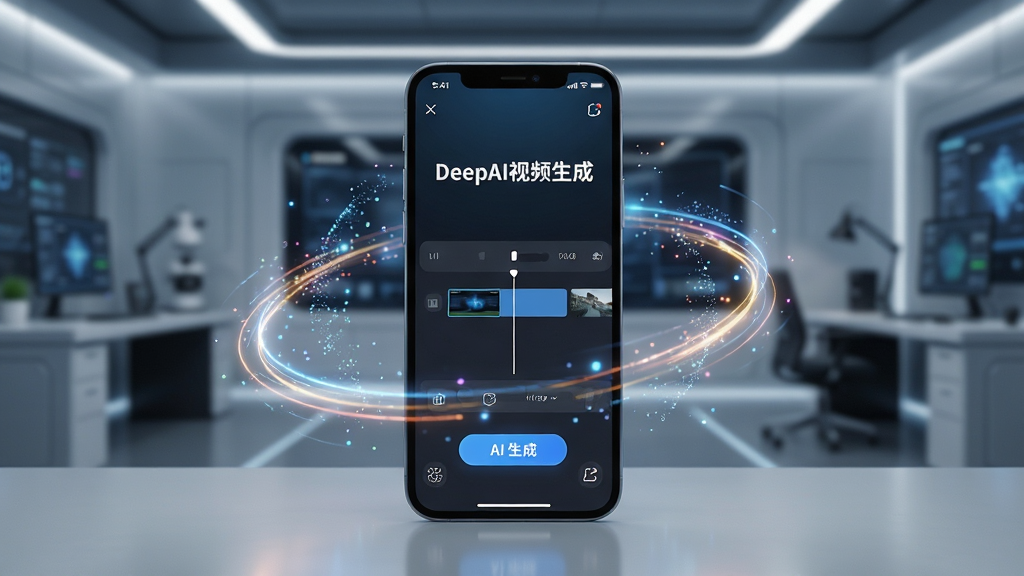 高清视频制作台前,一台智能手机屏幕显示“DeepAI视频生成”主界面,界面有视频时间轴与AI生成按钮,周围环绕动态光效与数字粒子,背景为现代科技感工作室,主体清晰,布局居中,排版简洁,风格写实,细节丰富,画质8K,干净无多余元素