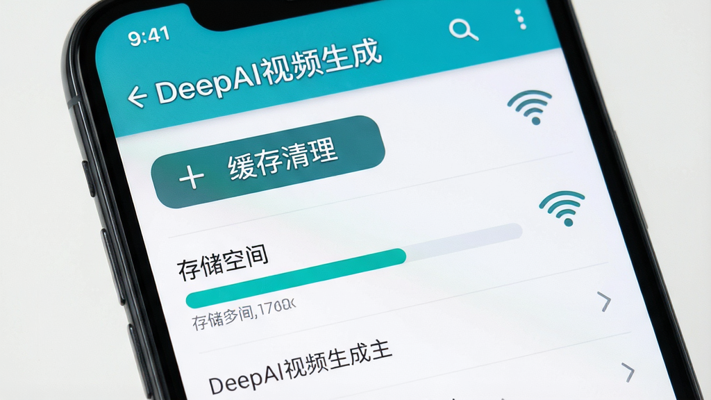 手机画面显示“DeepAI视频生成”的素材管理页面,有缓存清理按钮与存储空间条,旁边有Wi-Fi图标,背景为浅色设置界面,主体清晰,布局列表式,排版整洁,风格清爽,细节有提示文字,画质清晰,无多余元素
