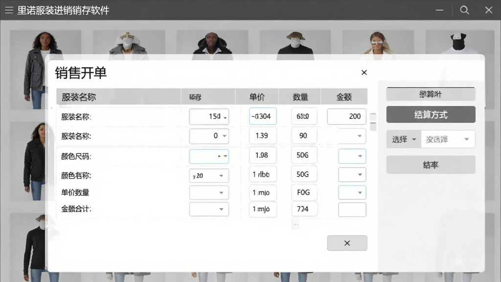 展示“里诺服装进销存软件”的销售开单界面,一张销售单据上列有服装名称、颜色尺码、单价数量、金额合计等字段,右侧有结算方式选择按钮,背景有商品缩略图,整体界面简洁商务,以白灰配色为主,细节丰富,画质干净无多余元素