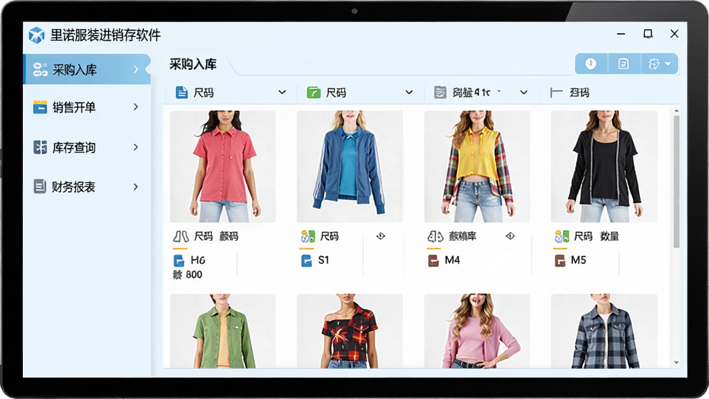 画面主体为“里诺服装进销存软件”的电脑端管理界面,左侧功能导航栏清晰显示“采购入库、销售开单、库存查询、财务报表”等模块,主区域展示彩色服装商品列表,包含尺码颜色数量等字段,整体布局专业整洁,风格现代商务,以浅蓝色和白色为主色调,界面细节精细高光,画质干净无多余元素