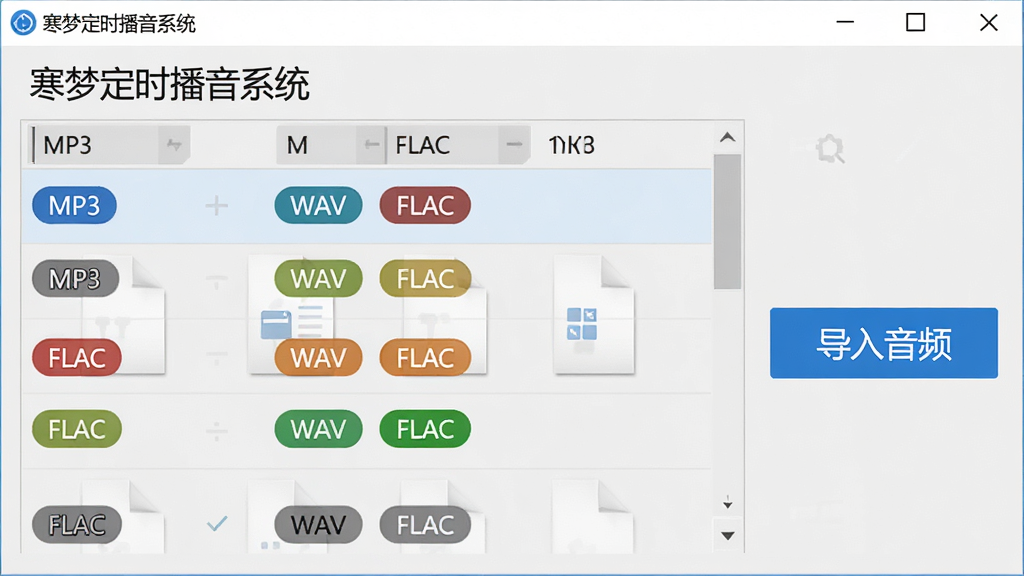 ��д�����ζ�ʱ����ϵͳ����������Ƶ�ļ��������棬����չʾ�˰���MP3��WAV��FLAC�ȶ��ָ�ʽ���ļ��б�������Ϊǳ��ɫ���ļ����в�ͬ��ɫ�ĸ�ʽ��ǩ�������Ҳ�����Ŀ�ġ�������Ƶ����ɫ��ť�������Ӿ�רҵ�����࣬�߻��ʣ��ɾ����޶���Ԫ��