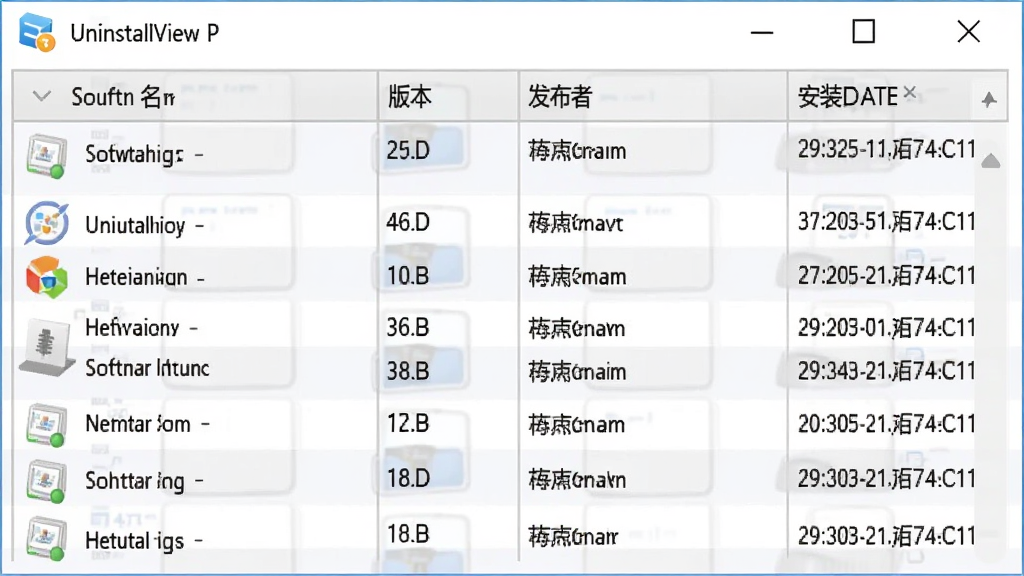 UninstallView软件列表展示,表格形式,包含软件名称、版本、发布者、安装日期列,高画质,干净无多余元素