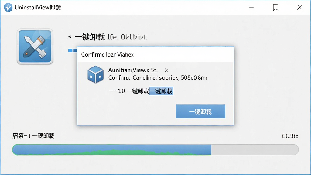 UninstallView卸载操作界面,显示确认对话框和进度条,强调一键卸载功能,高画质,干净无多余元素
