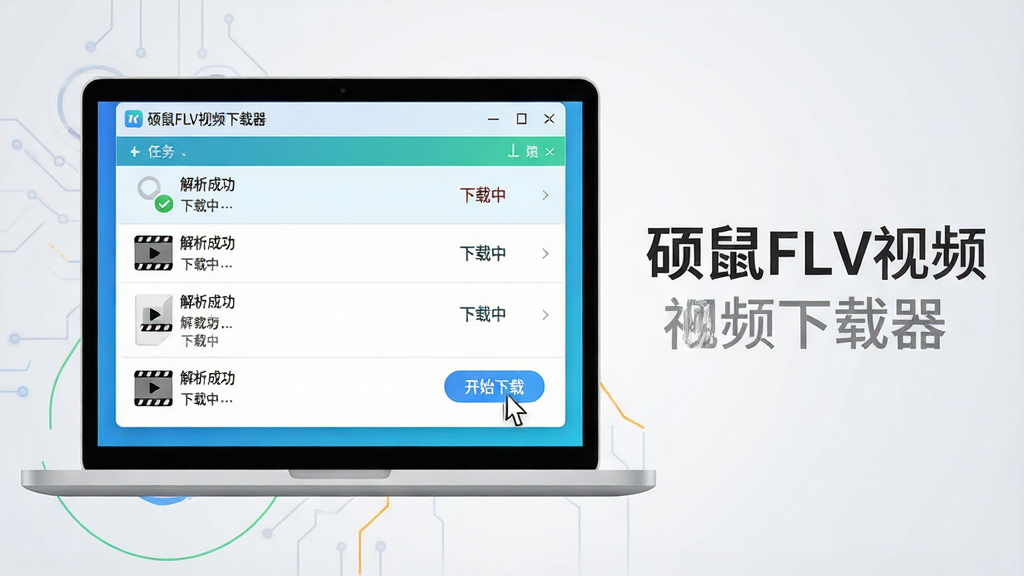 主体:一台现代笔记本电脑屏幕显示“硕鼠FLV视频下载器”的操作界面,界面清晰展示正在下载多个视频文件的任务列表。布局:电脑位于画面中央偏左,右侧留出空白区域用于放置文字“硕鼠FLV视频下载器”,整体呈横向构图。排版:界面窗口比例协调,任务列表采用简洁线条图标,背景为纯净浅灰色渐变。风格:扁平化矢量插画风格,色彩明快,科技感与亲和力并存。细节:屏幕中可见“解析成功”“下载中”等提示字样,鼠标指针悬停在“开始下载”按钮上。画质:4K超清,干净,无多余元素,无其他文字。
