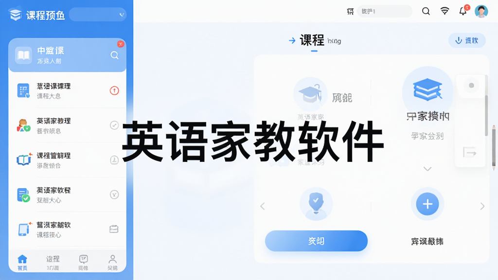 英语家教软件主界面预览图,展示软件整体布局与核心功能模块,界面设计现代简洁,以蓝色和白色为主色调,左侧为课程列表,右侧为互动学习区域,屏幕中央显示“英语家教软件”字样,整体风格清新明亮,高清画质,细节丰富,无多余元素
