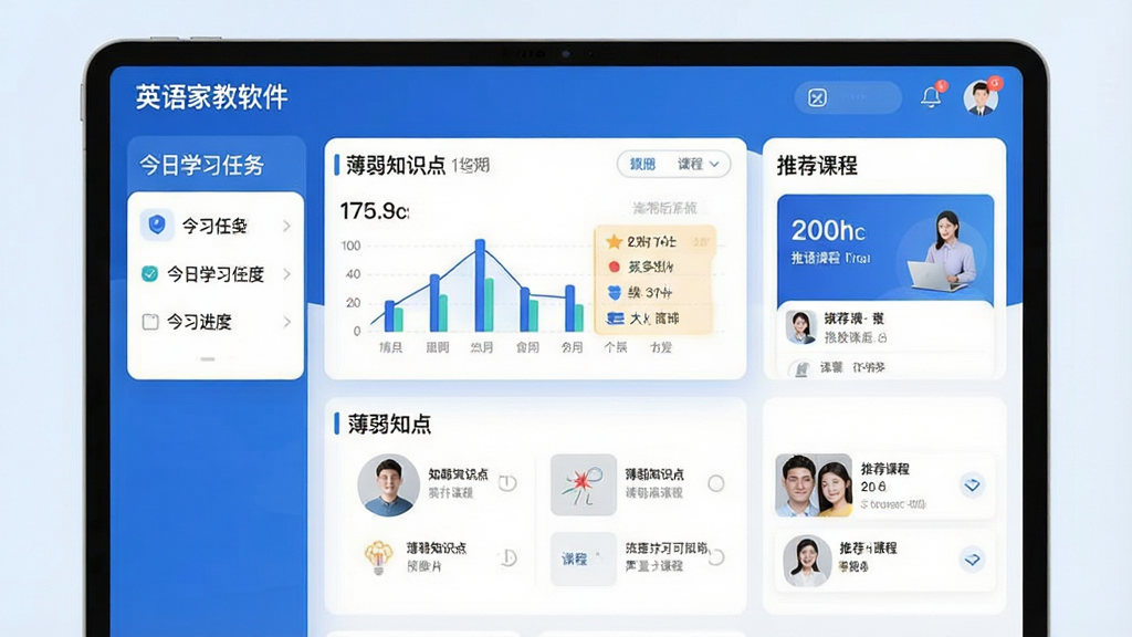 英语家教软件AI个性化学习界面,显示用户学习进度图表与推荐课程卡片,界面以蓝色为主色调,布局清晰,包含“今日学习任务”、“薄弱知识点”、“推荐课程”等模块,图表数据可视化呈现,风格专业现代,画质细腻,文字标注“英语家教软件”,无多余元素