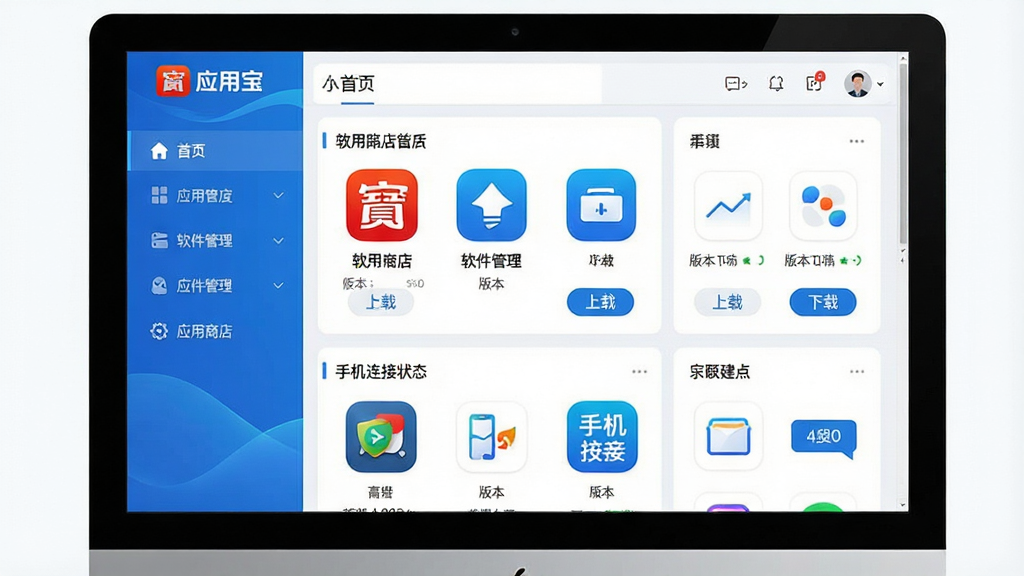一张高清产品展示图,主体为“应用宝”软件在电脑屏幕上的界面预览,布局清晰展示应用商店首页、软件管理、手机连接状态等模块,排版采用左右分栏结构,左侧为功能导航列表,右侧为内容展示区,风格现代简约,蓝色科技主色调,细节上突出应用图标、下载按钮和版本信息文字,画质细腻干净,无多余元素