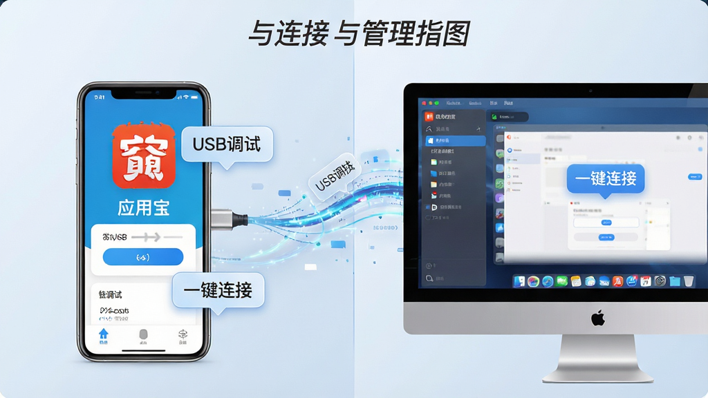 一张高清操作指引图,主体为“应用宝”软件在手机和电脑上的连接与管理界面,布局采用分屏设计,左侧是手机屏幕,右侧是电脑屏幕,中间以动态数据线连接,排版直观清晰,风格偏写实科技风,细节上突出“USB调试”、“一键连接”等操作提示气泡,画质通透干净,无多余元素
