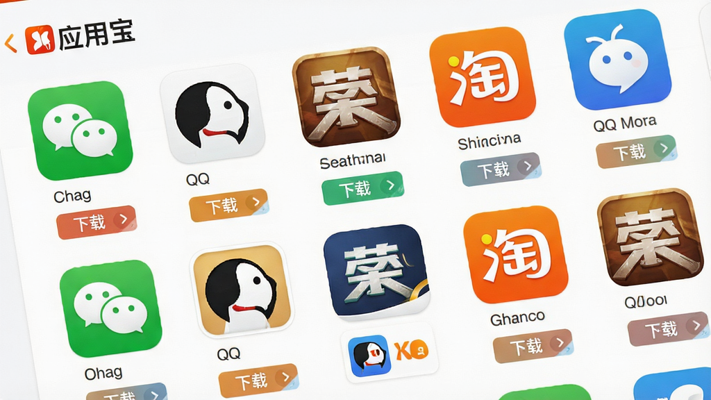 一张高清功能展示图,主体为“应用宝”软件的海量应用资源库界面,布局以网格形式整齐排列着各种类型的应用图标,如微信、QQ、王者荣耀、淘宝等,排版疏密有致,风格扁平化设计,色彩鲜艳明亮,细节上突出应用图标的高清质感和下载按钮,画质干净整洁,无多余元素