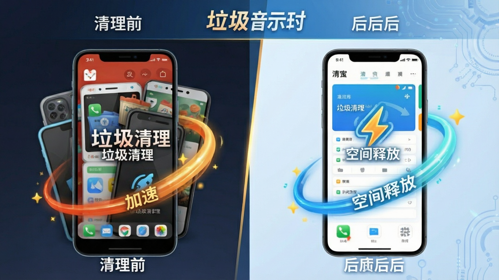 一张高清功能示意图,主体为“应用宝”软件的手机管理功能,布局展示手机存储空间清理前后的对比效果,左侧为清理前的拥挤状态,右侧为清理后的清爽状态,排版对比强烈,风格科技感十足,细节上突出“垃圾清理”、“加速”、“空间释放”等动态效果,画质通透干净,无多余元素