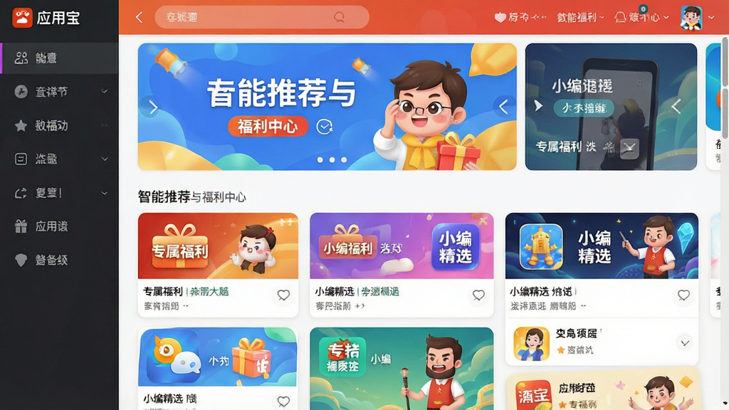 一张高清界面截图,主体为“应用宝”软件的智能推荐与福利中心页面,布局采用瀑布流形式,上方为大型Banner轮播图,下方为个性化应用卡片列表,排版错落有致,风格活泼清新,细节上突出“专属福利”、“小编精选”等标签字样,画质明亮干净,无多余元素