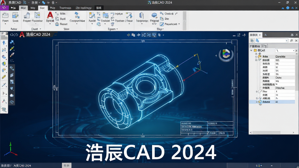 ��������Ϊ���Ƴ�CAD 2024��������������������ڣ�����Ϊ����ɫ�Ƽ��н��䣬����������ʾһ������Ķ�ά��е���ͼֽ����������򹤾���ͼ�꣬�����в˵����͹��������Ҳม��ͼ����������壬���岼�ֹ������������Ϊ�ִ���ƽ��UI��ƣ�ϸ�ڷḻ��4K���ʣ��ɾ��޶���Ԫ�أ���Ļ�����·����а�ɫ���֡��Ƴ�CAD 2024��