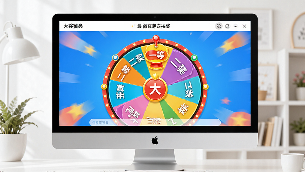 图片展示微豆芽抽奖软件的完整界面,主体为电脑屏幕中打开的抽奖大转盘界面,色彩鲜艳明亮,布局清晰,排版整洁,风格现代简约,细节包括转盘上奖项文字“一等奖”“二等奖”“三等奖”,画质高清干净,无多余元素