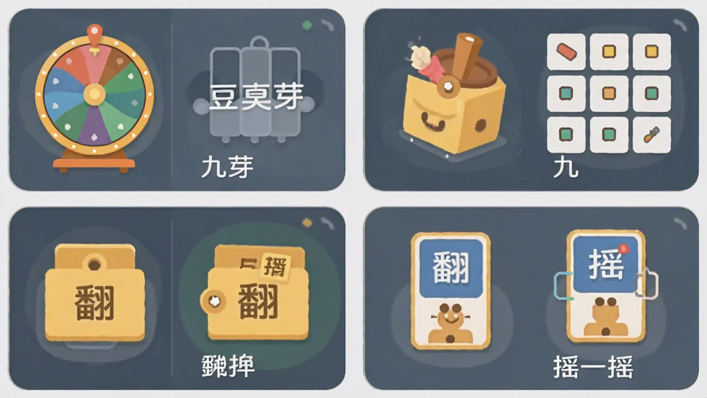 微豆芽抽奖软件功能展示图,主体为四宫格排列的抽奖模式图标,包括转盘、九宫格、翻牌和摇一摇,布局整齐,风格扁平化,细节每个图标下方标注名称,画质干净,背景浅灰,无多余元素