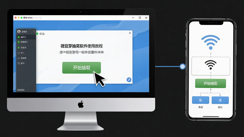 微豆芽抽奖软件使用教程配图,主体为电脑屏幕上的软件操作界面,光标正在点击“开始抽取”按钮,旁边有手机连接同一WiFi的示意图,布局为左右结构,风格简洁,细节界面按钮清晰,画质高分辨率,无多余元素