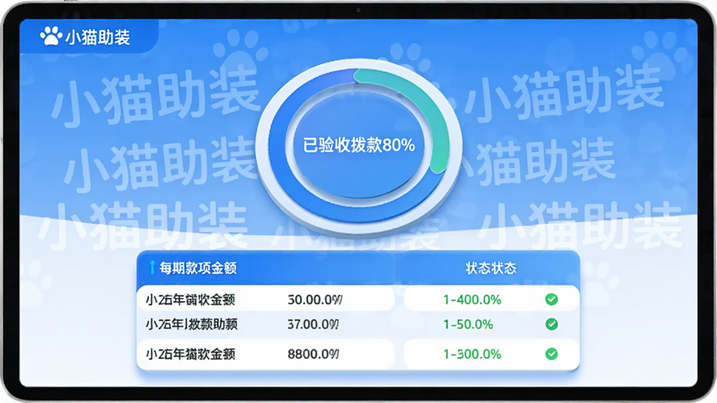 չʾСè��װ�ʽ��ܽ��棬��Ļ������ʾԲ�ν��Ȼ�����ע�������ղ���80%�����·��б�չʾÿ�ڿ�������״̬�������С�Сè��װ��Ʒ��ˮӡ���������������ɫ�����ݿ�Ƭ�����ǿ�����ʸɾ��������޶���Ԫ��
