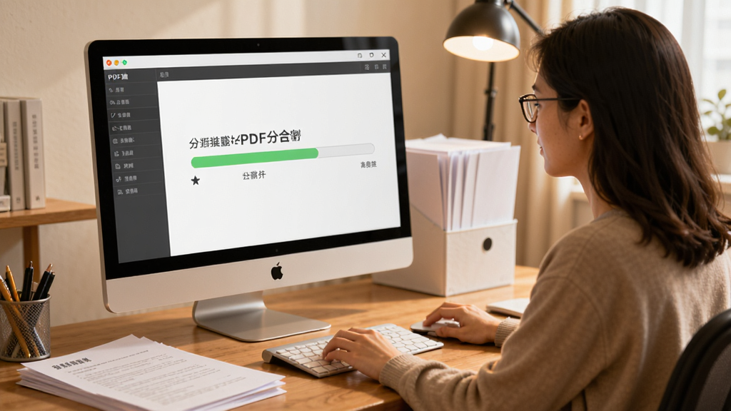 使用教程场景图,画面中一个用户正在电脑前操作PDF猫分割合并软件,屏幕上清晰显示分割进度条,桌面上摆放着多份纸质文件,整体风格写实,色调温暖,突出软件易用性,干净整洁,无多余元素。