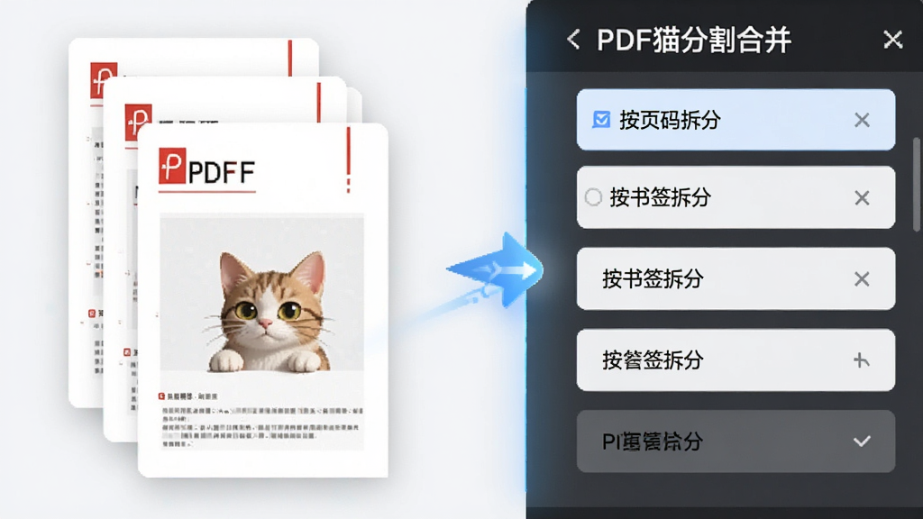 功能展示图,画面左侧为一份多页PDF文件缩略图,右侧为分割设置面板,显示