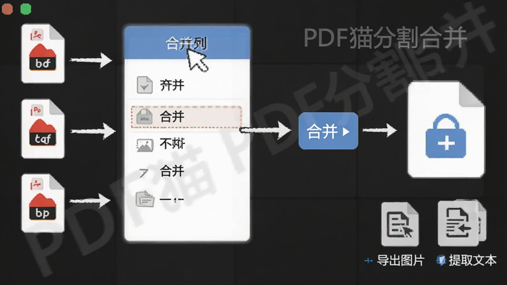 功能展示图,画面展示一个多步骤操作流程,从多个PDF文件图标拖入到合并列表,点击