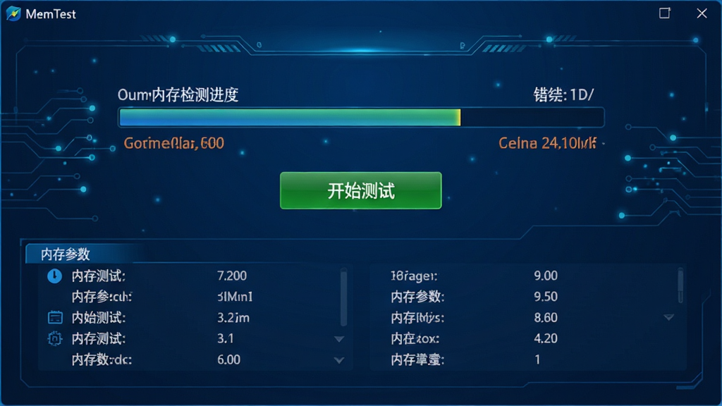 MemTest软件主界面预览图,深蓝色背景,中央显示内存检测进度条与错误计数,下方为绿色“开始测试”按钮与内存参数列表,界面风格简洁专业,带有科技感线条装饰,高分辨率,画质清晰,无多余元素