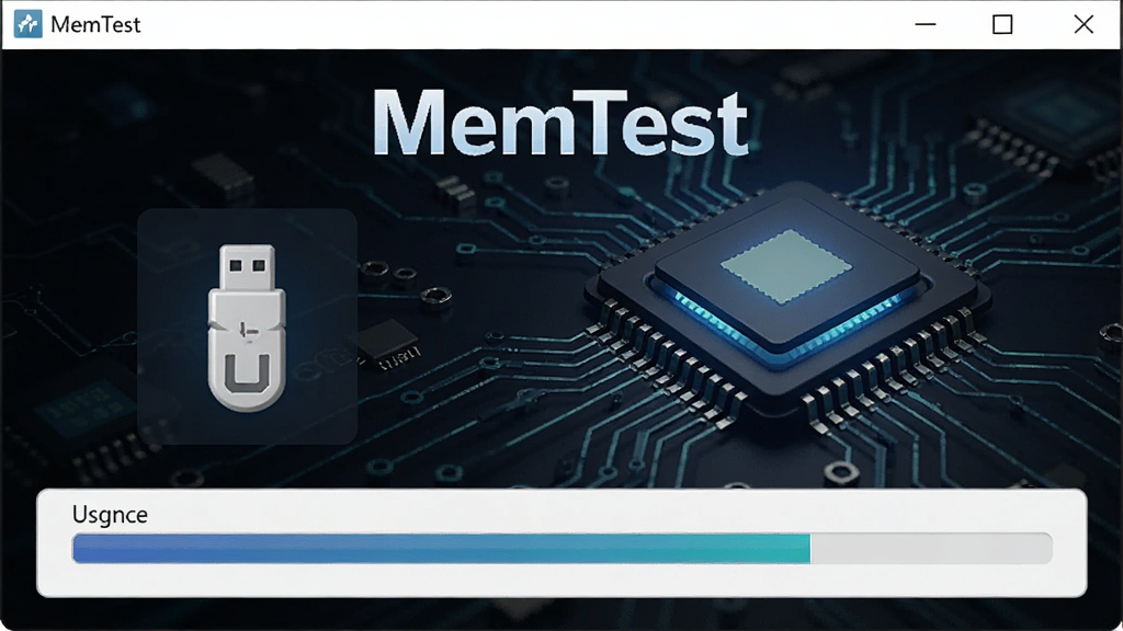 MemTest软件启动盘制作界面,显示U盘选择图标与进度条,背景为深色科技风格,带有“MemTest”字样与芯片图案,风格专业严谨,画质清晰,无多余元素