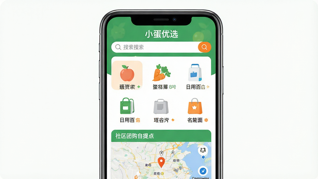 һ��չʾС����ѡAPP����ȫò��Ԥ��ͼ����������Ϊ�ֻ����棬���涥����ʾ��С����ѡ��Ʒ�����������������в�չʾˮ���߲ˡ����ðٻ�����Ʒ����ͼ�꣬�·�Ϊ�����Ź�������ͼ����������������������ɫ������ɫ�ͳ�ɫΪ������ƽ����ƣ��ɾ��޶���Ԫ�أ����廭��