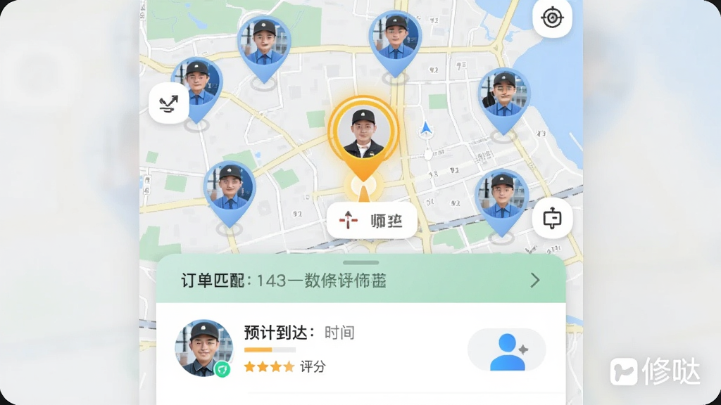 չʾ����APP������ƥ����̣�����Ϊ��ͼ���棬���ж��ʦ��ͷ��λ�㣬����һ��������ʾ�������û�λ���ƶ������ֲ��÷�����ƣ��Ϸ�Ϊ��ͼ���·�Ϊ����ƥ�����鿨Ƭ�����дʵ��ϸ�ڰ���Ԥ�Ƶ���ʱ�䡢ʦ�����֣����ʸɾ����������ա�Ʒ��ˮӡ��