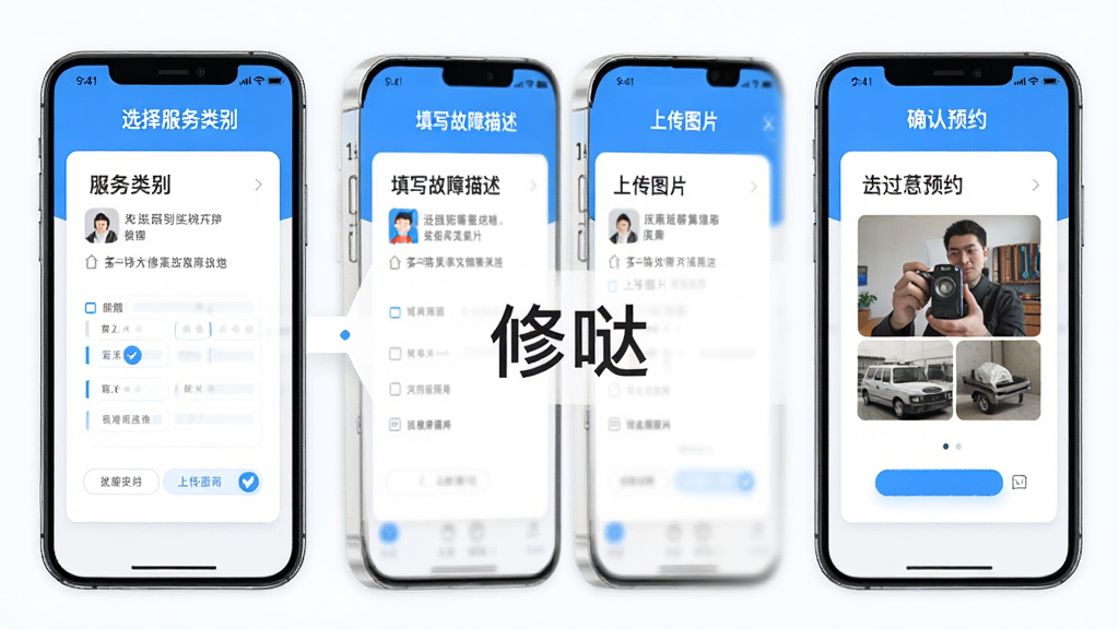 չʾ����APP�ķ����µ����̣�����Ϊ�ֻ��������棬������ʾѡ����������д�����������ϴ�ͼƬ��ȷ��ԤԼ�ĸ����裬����Ϊ���ʽ��Ƭ���������������ϸ��ǿ��ÿһ����ָ�������ʸɾ������������С����ա�����������������