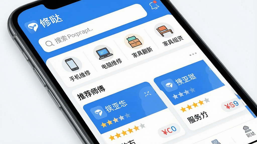 һ��չʾ����APP����ĸ����ͼ������Ϊ�ֻ���Ļ�ڵ�Ӧ����ҳ������������ʾ�����ա�Ʒ�Ʊ�ʶ������������������ͼ�꣨�ֻ�ά�ޡ�����ά�ޡ��Ҿ߷��µȣ����·�Ϊ�Ƽ�ʦ���б�������ִ���Լ����ɫ��Ϊ��ɫ���ɫ��ϸ�ڰ����Ǽ����֡�����۸��ǩ�������������ɾ��޶���Ԫ�ء�