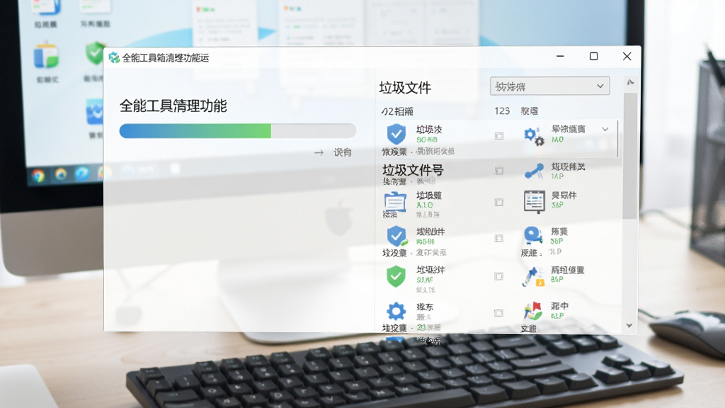全能工具箱清理功能运行界面,显示扫描进度条与垃圾文件分类列表,背景为电脑屏幕与键盘,写实风格,画面明亮清晰,强调安全可靠,画质干净无多余元素