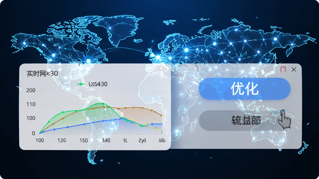 全能工具箱网络加速功能界面,展示实时网速图表与优化按钮,背景为网络世界地图光效,科技感风格,蓝色调为主,高清渲染,干净无多余元素