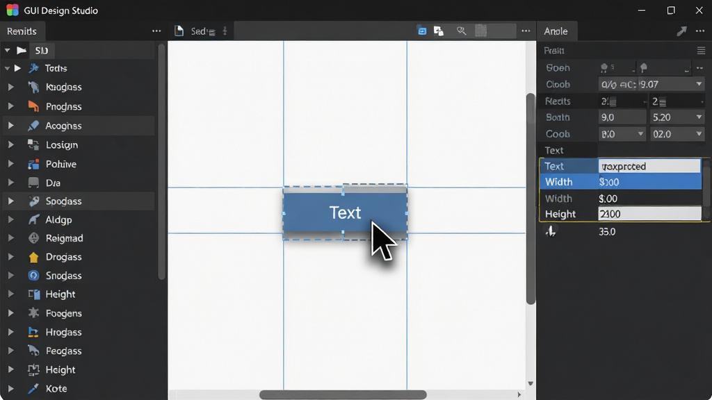主体:GUI Design Studio软件主界面截图。布局:左侧控件栏,中间画布上有一个正在拖拽的按钮控件,右侧属性面板显示该控件的坐标与尺寸。排版:控件列表展开,画布中控件边缘有蓝色对齐线。风格:界面简洁,深色与浅色搭配,突出操作对象。细节:鼠标指针位置可见控件拖动阴影,属性面板中高亮显示“Text”、“Width”、“Height”字段。画质:清晰锐利,干净,无多余元素。
