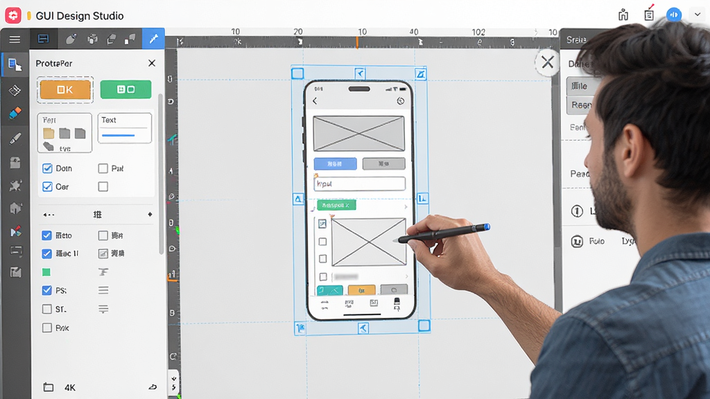 主体:GUI Design Studio软件界面设计场景,一名设计师正在使用该软件拖拽控件构建界面原型。布局:左侧为控件面板,中间为画布,右侧为属性设置区,整体层次分明。排版:画布中展示一个包含按钮、输入框、列表的移动端应用界面线框图。风格:现代扁平化,色彩明快,突出设计工具的整洁与专业感。细节:控件面板中可见按钮、文本框、复选框等元素,画布中带有对齐参考线。画质:4K超清,干净,无多余元素。