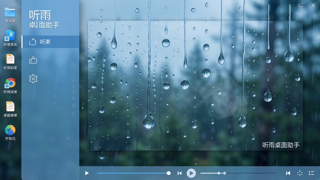 主体:一款名为“听雨桌面助手”的软件界面,展示在电脑桌面上的动态雨景效果,桌面图标整齐排列,雨滴从屏幕顶端滑落,带有朦胧的水汽。布局:左侧为功能侧边栏,右侧为桌面预览区,底部有播放控制条。排版:简洁现代,功能图标线性风格,预览区占主导。风格:清新自然,蓝色调为主,光影柔和。细节:雨滴大小不一,窗户玻璃上有水珠,桌面壁纸是模糊的森林雨景,界面文字“听雨桌面助手”清晰可见。画质:高清,干净,无多余元素。