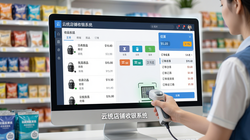 主体:云统店铺收银系统在电脑屏幕上显示收银主界面,左侧商品列表右侧结算面板,一名店员正扫码操作,货架背景清晰。布局:电脑屏幕为主视觉居中,界面内容放大清晰,周围配以店铺环境。排版:屏幕内收银界面作为主体,界面两侧留白,屏幕下方有云统店铺收银系统文字标识。风格:写实科技风,高清明亮,色彩鲜艳。细节:界面中显示商品名称价格、支付方式图标、订单列表,屏幕边缘有柔和光影。画质:超高清,干净,无多余元素。