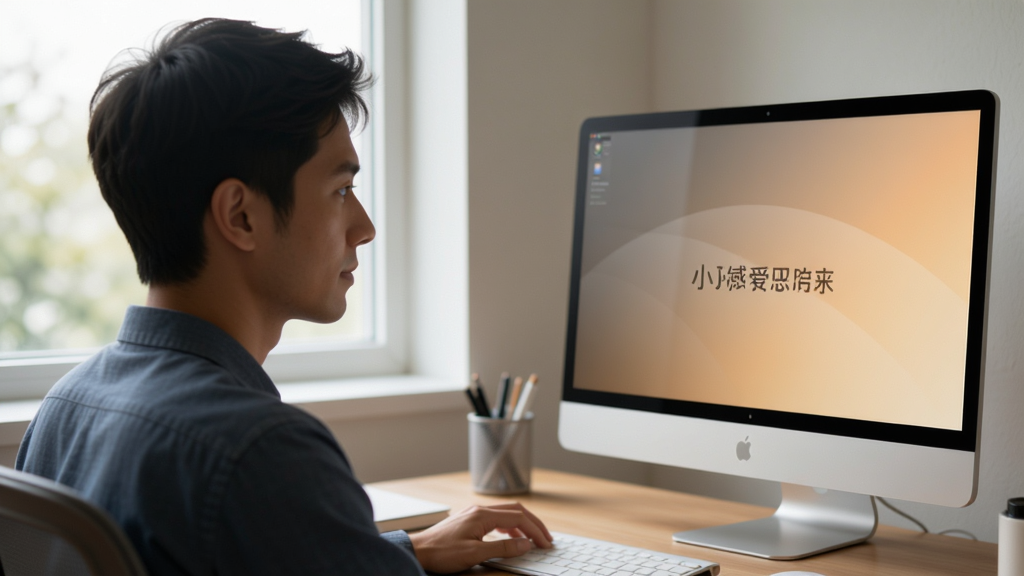 展示小智护眼宝智能感光调节功能,主体为室内办公桌场景,布局为人物侧脸与电脑屏幕特写,排版突出屏幕光线变化对比效果,风格写实,细节包括窗外自然光、屏幕色温逐渐变暖的过渡状态,画质细腻,干净无多余元素