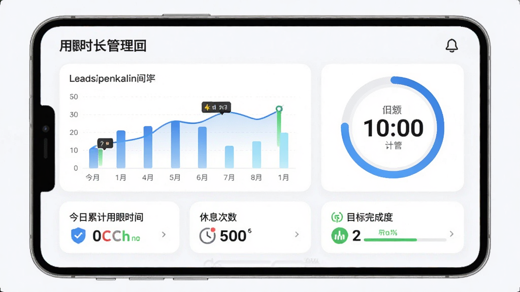 小智护眼宝用眼时长管理界面预览图,主体为统计图表与倒计时圆环,布局采用卡片式信息排列,排版简洁直观,风格现代化UI设计,细节展示今日累计用眼时间、休息次数、目标完成度,画质清晰,干净无多余元素