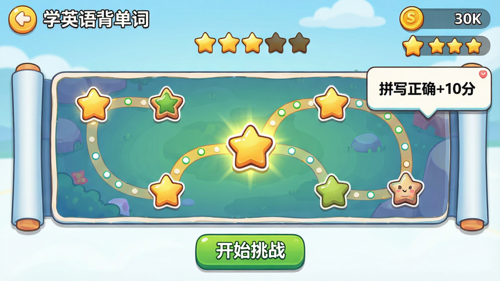 ���壺��ѧӢ�ﱳ���ʡ�Ӧ���ڴ���ģʽ���档���֣�����Ϊ�ؿ���ͼ��������·�����Ӳ�ͬ�ؿ�����ǰ�ؿ��������Ű棺��������ͼ��������ʾ�ؿ��Ǽ����ۣ��·��С���ʼ��ս����ť�������Ϸ������ͨ�ɰ���ϸ�ڣ����Ͻ���ʾ���������������������ʾ��ƴд��ȷ+10�֡������ʣ����壬�ɾ����޶���Ԫ�ء�