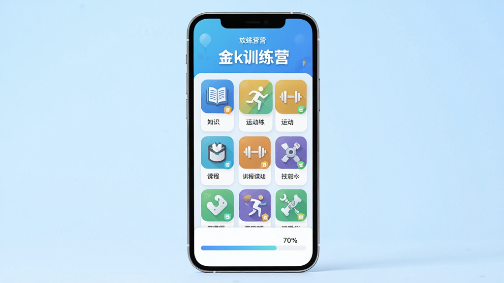 ���壺�ֻ���Ļչʾ��kѵ��Ӫ�����棬������ʾ����kѵ��Ӫ�����������ѵ���γ̿�Ƭ�����֣��ֻ����У�����Ϊǳ��ɫ���䣬�γ̿�Ƭ�������С��Ű棺�����Ϸ�Ϊ�������ƣ��м�Ϊ�γ�ͼ���б����·�Ϊ������������ִ���ƽ����ƣ�ɫ���������¡�ϸ�ڣ��γ�ͼ�����֪ʶ���˶������ܵ�Ԫ�أ���������ʾ70%�����ʣ�������Ⱦ���ɾ����޶���Ԫ�ء�