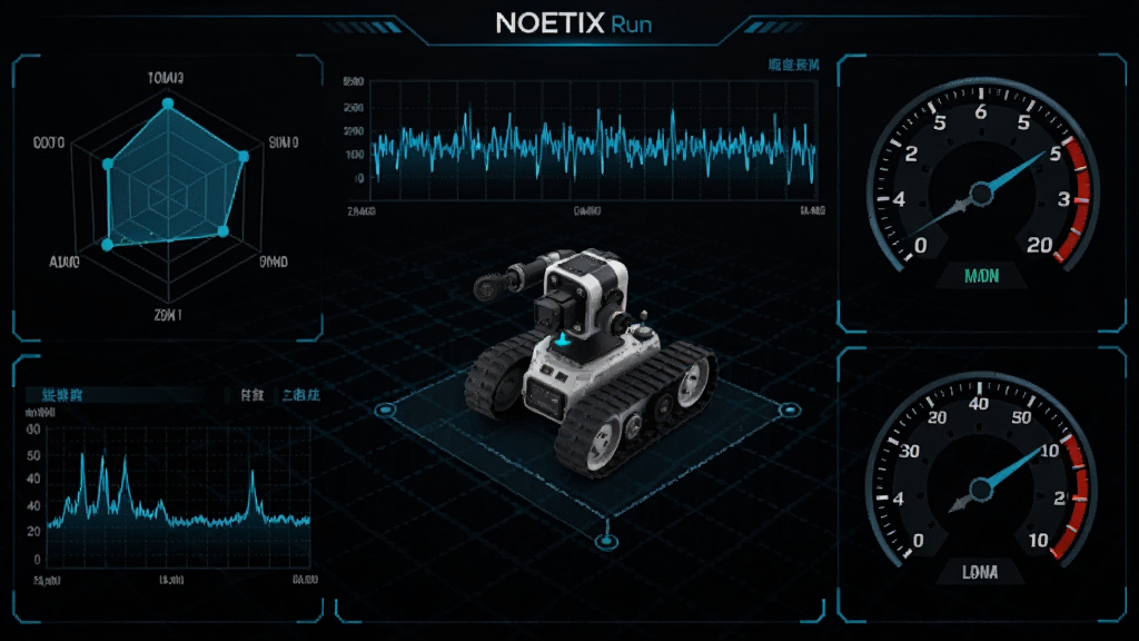 NOETIX Run软件的数据监控面板界面,屏幕上分布着雷达图、波形图与速度表盘,中央模拟显示一台小型履带机器人的实时位置与姿态,背景为深色科技网格,数据线条发着蓝光,科技感十足,整体排版专业且画面干净