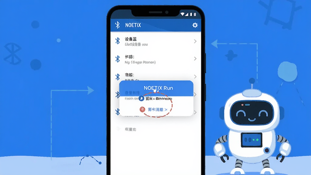 NOETIX Run软件在安卓手机上的连接故障排查界面示意图,手机屏幕显示蓝牙设备列表与权限弹窗,旁边有一台小型机器人,画面采用简洁的扁平插画风格,以蓝色和白色为主色调,清晰展示操作步骤,画质干净