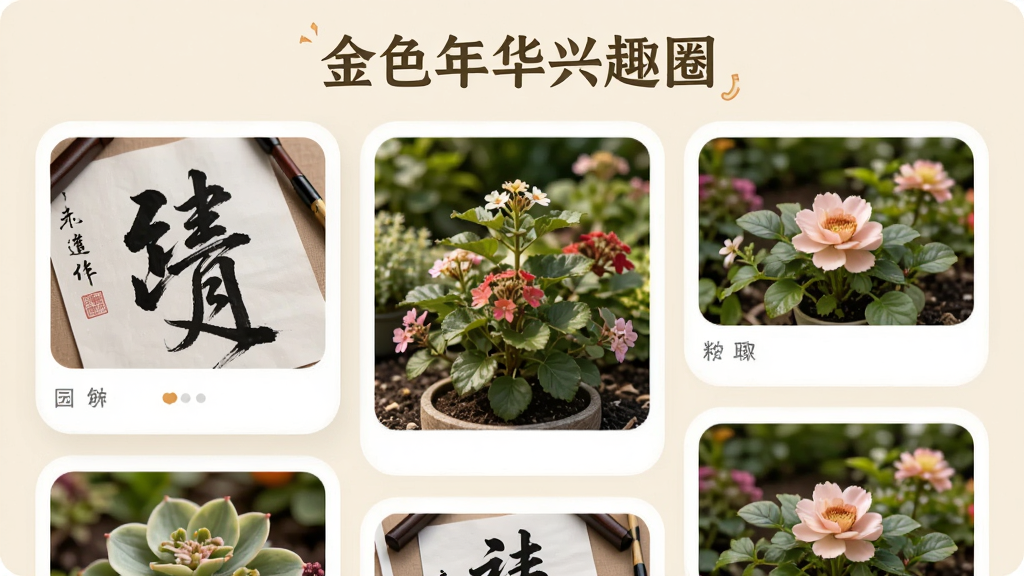 金色年华兴趣社群交流界面,展示着书法与园艺摄影作品瀑布流,页面顶部有“金色年华兴趣圈”字样,背景为淡雅米色,卡片圆润,社区氛围浓厚,排版活泼有序,风格清新自然,画质细腻柔和,干净无多余元素。
